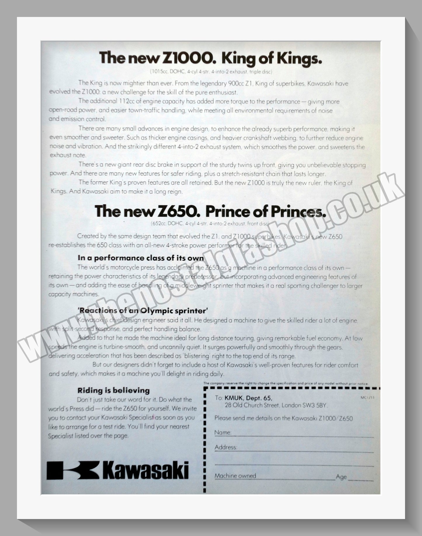Kawasaki Z1000 & Z650 Motorcycles. 1976 Original Double Advert. (ref AD58551)