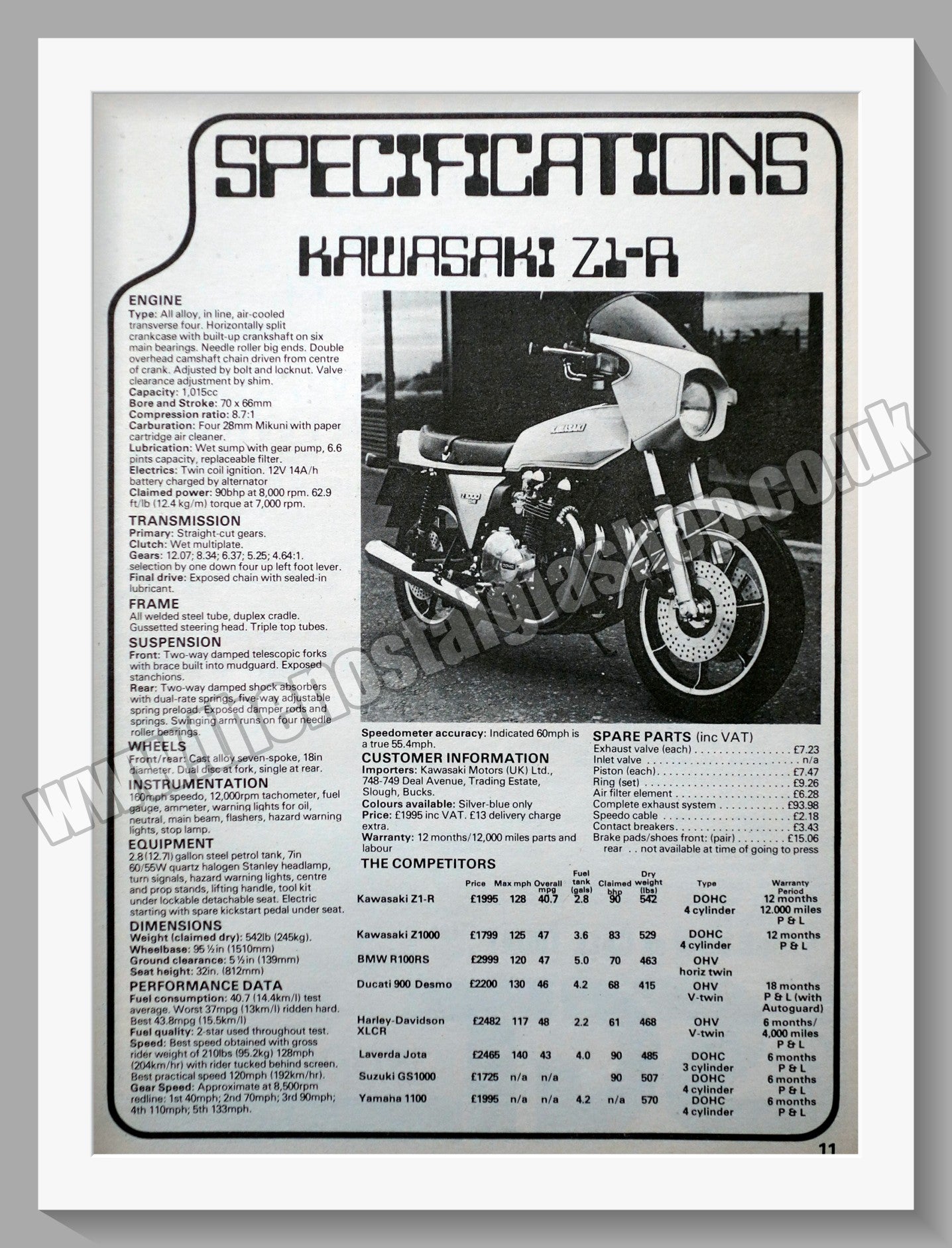 Kawasaki Z1-A Motorcycle. Specifications 1978 Original Advert. (ref AD58549)