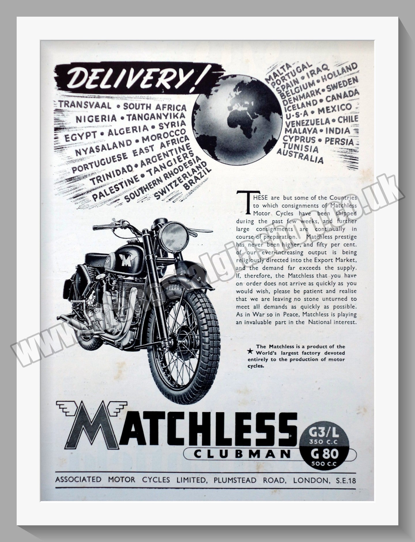 Matchless Clubman Motorcycles. 1946 Original Advert. (ref AD58559)