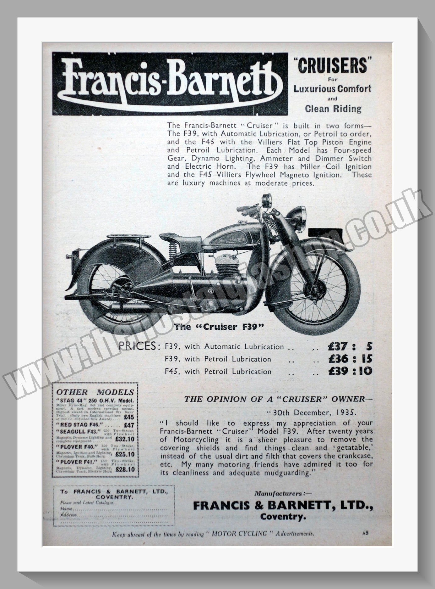 Francis-Barnett Cruiser F39 Motorcycles. Original Advert 1936 (ref AD58579)