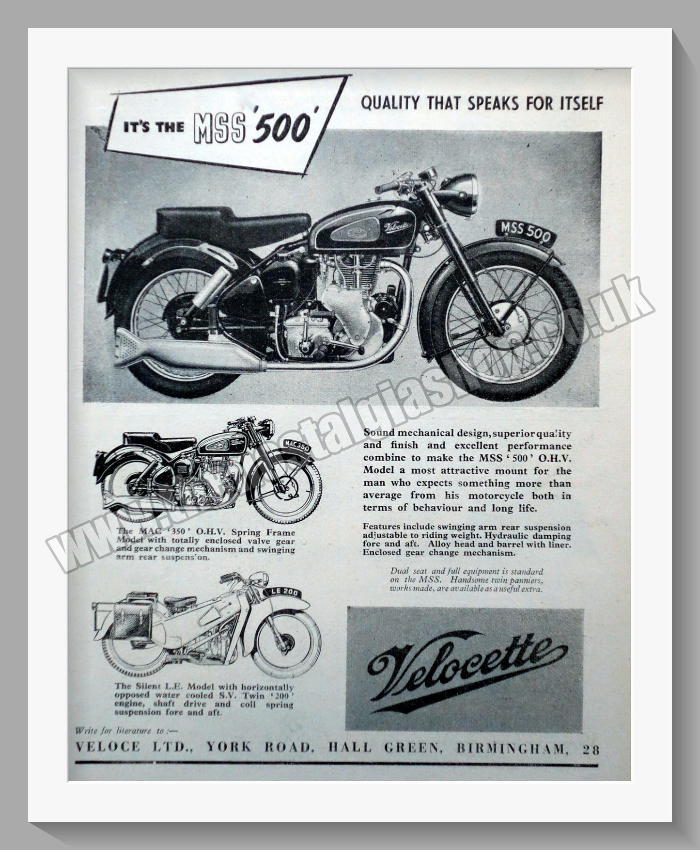 Velocette MSS 500 Motorcycle. Original Advert 1954 (ref AD58593)