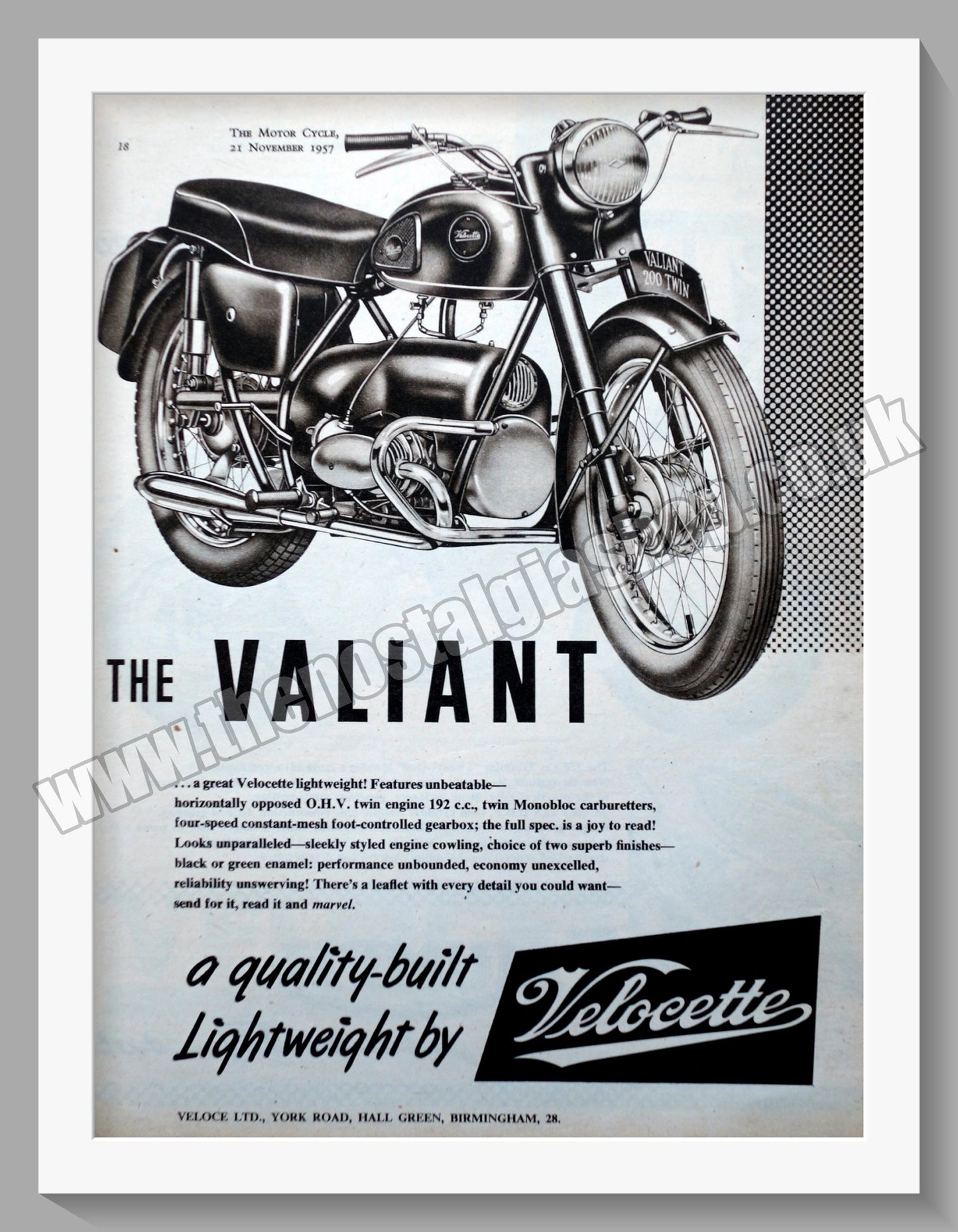 Velocette Valiant Motorcycle. Original Advert 1957 (ref AD58595)