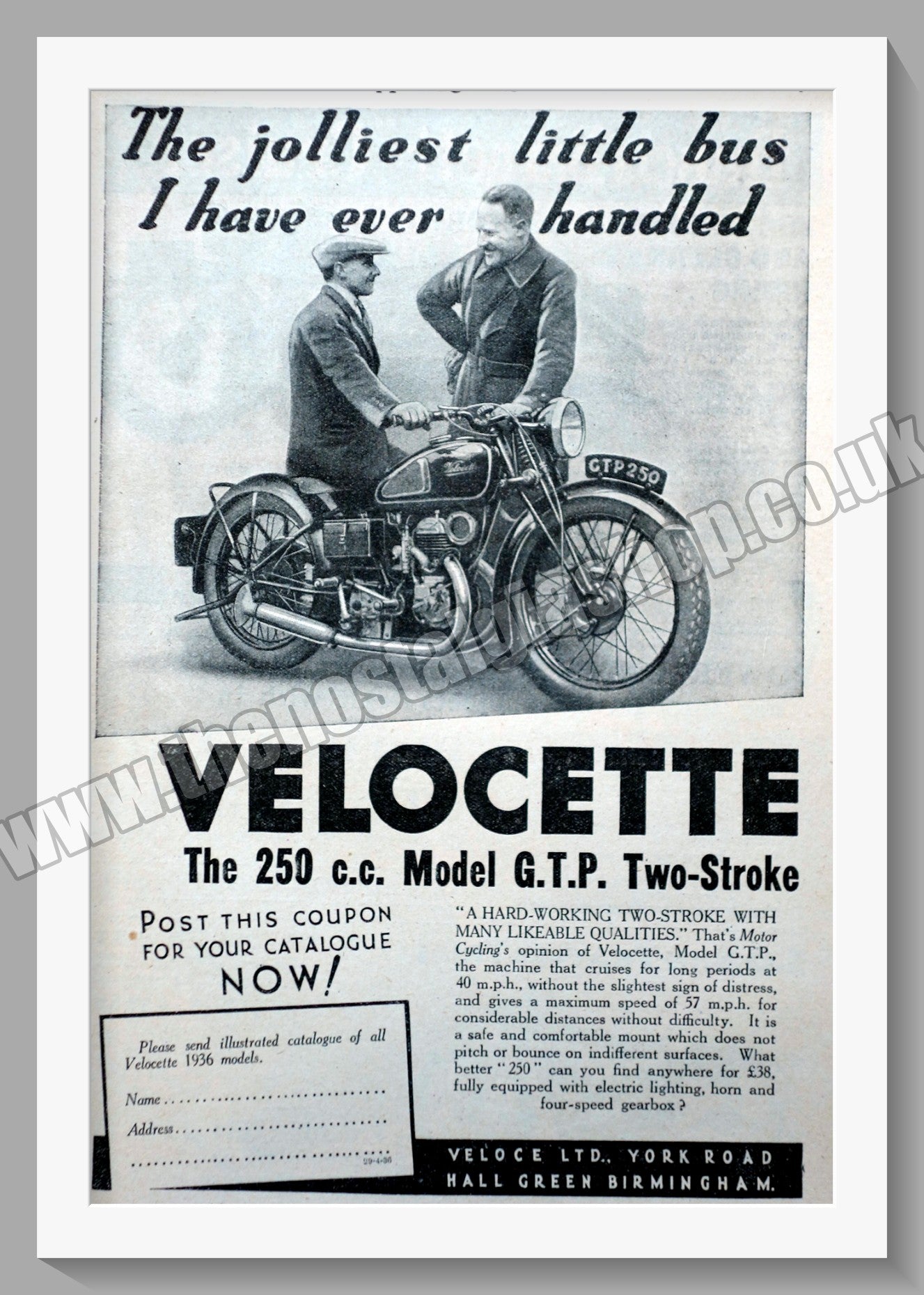 Velocette 250cc G.T.P. Motorcycle. Original Advert 1936 (ref AD58650)