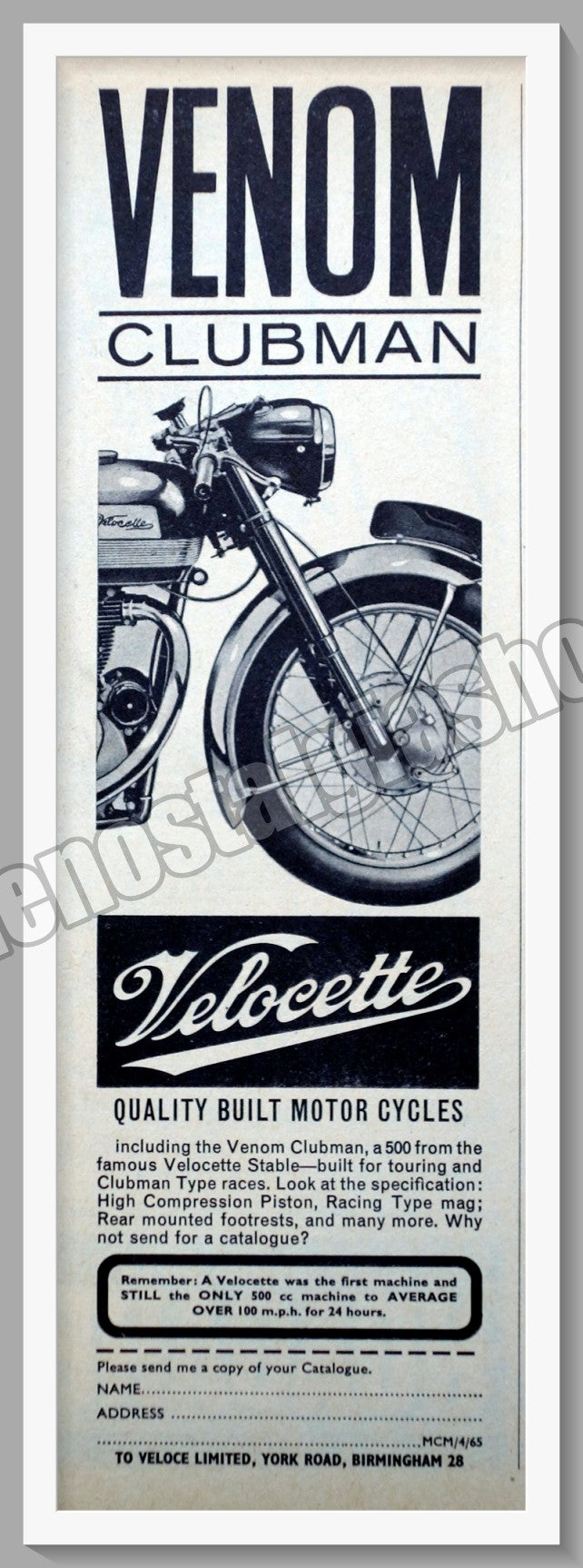 Velocette Venom Clubman Motorcycle. Original Advert 1965 (ref AD58652)