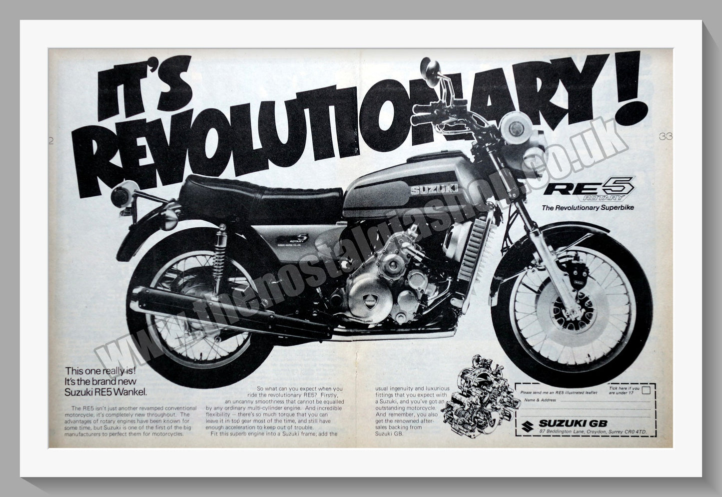 Suzuki RE5 Wankel Motorcycle. Original advert 1975 (ref AD58820)