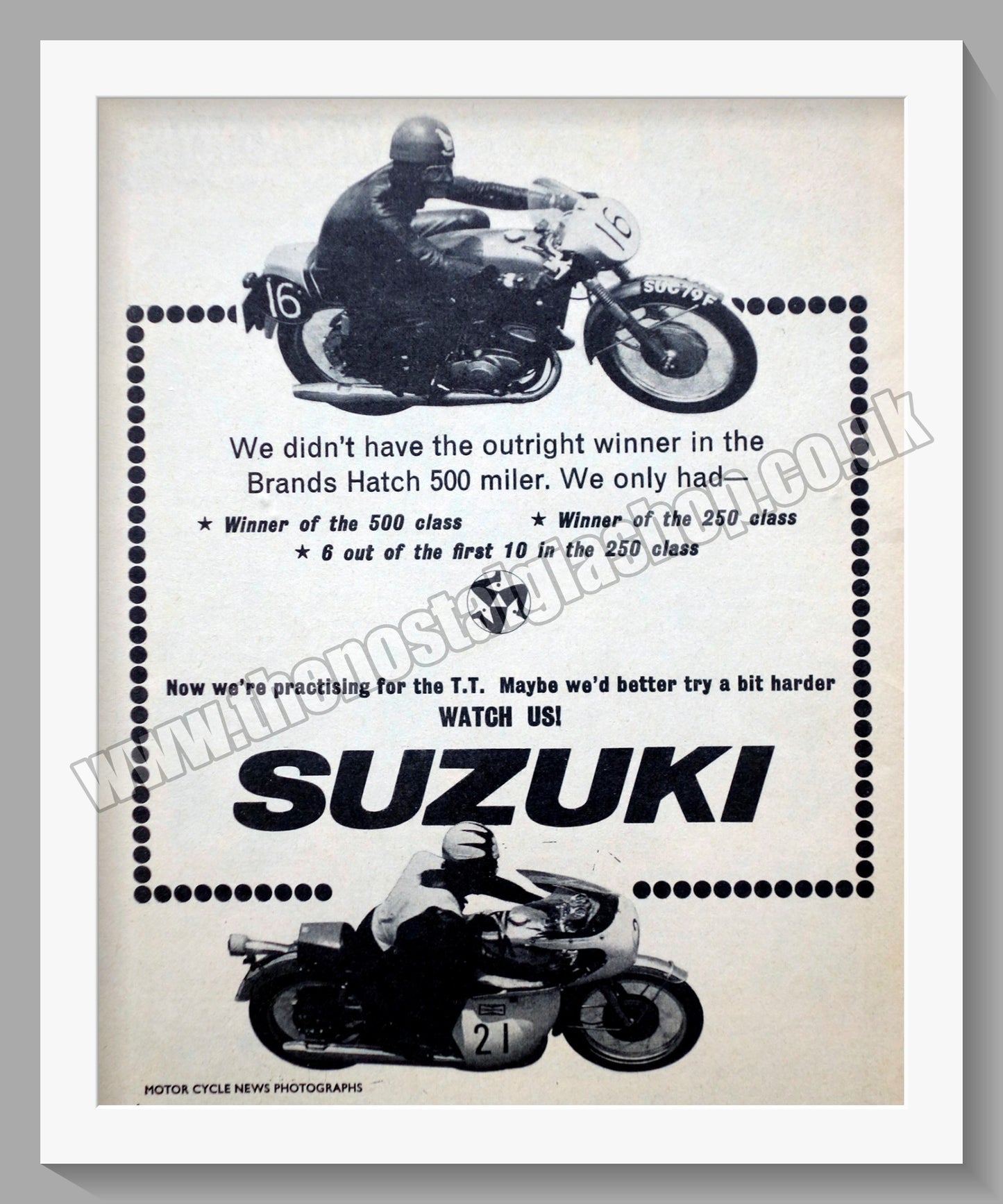 Suzuki Motorcycles. Winning. Original advert 1968 (ref AD58669)