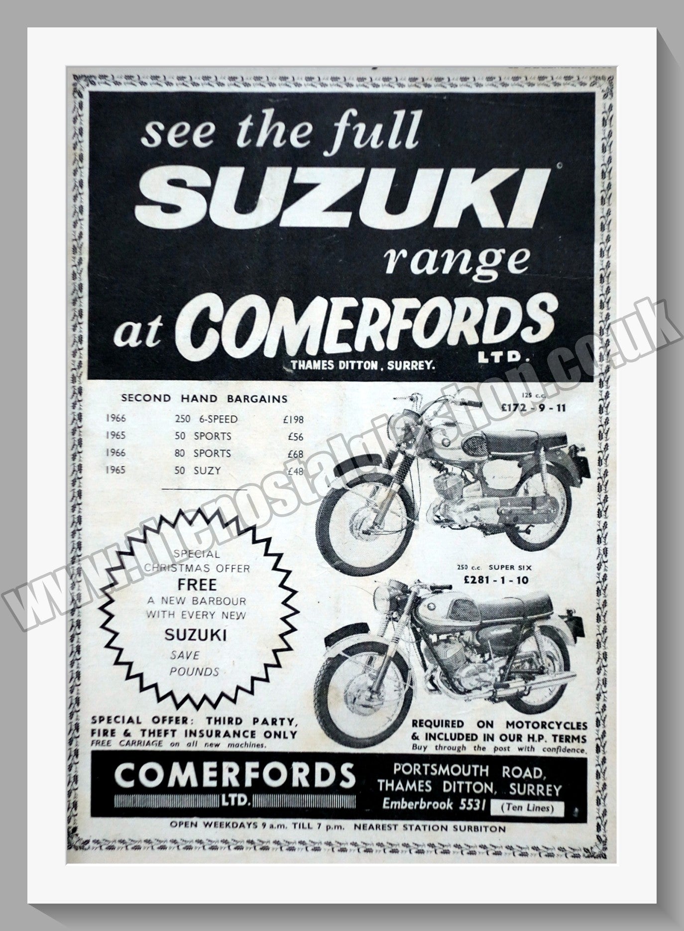 Suzuki Motorcycle Range at Comerfords. Original advert 1966 (ref AD58671)