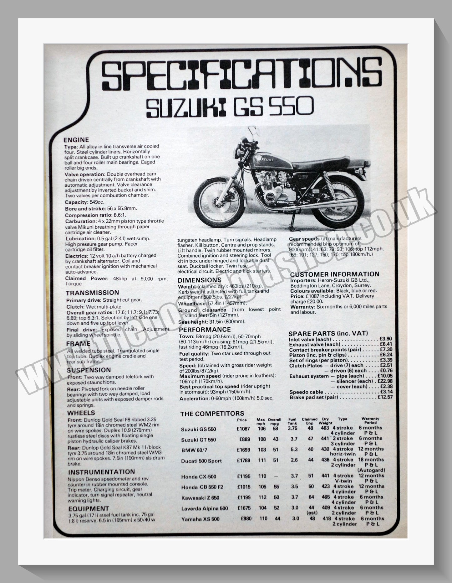 Suzuki GS550 Motorcycle. Specification Sheet. Original advert 1978 (ref AD58690)