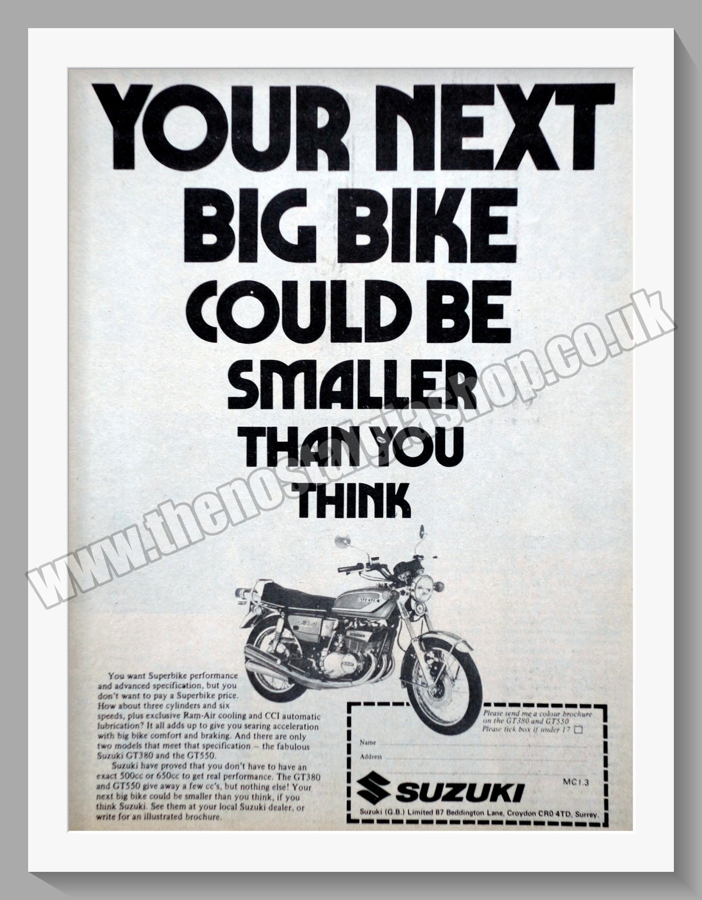 Suzuki GT389 and GT550 Motorcycles. Original advert 1974 (ref AD58752)