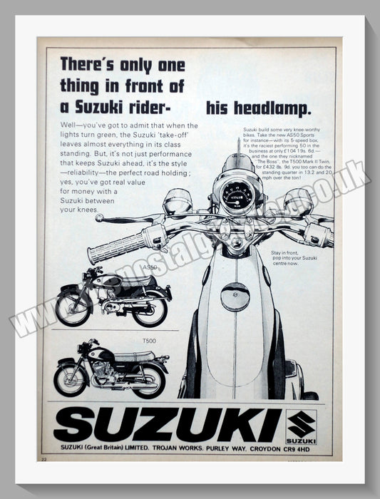 Suzuki AS50 and T500 Motorcycles. Original advert 1970 (ref AD58762)