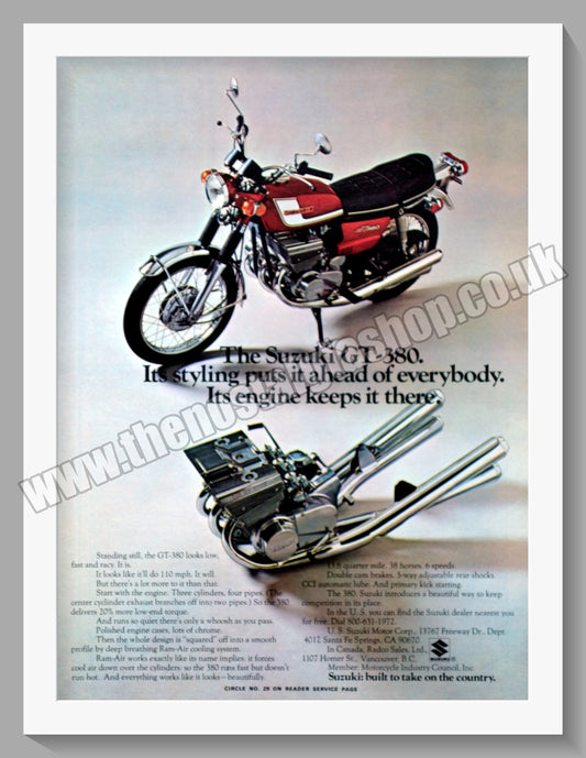 Suzuki GT 380 Motorcycle. Original advert 1972 (ref AD58764)