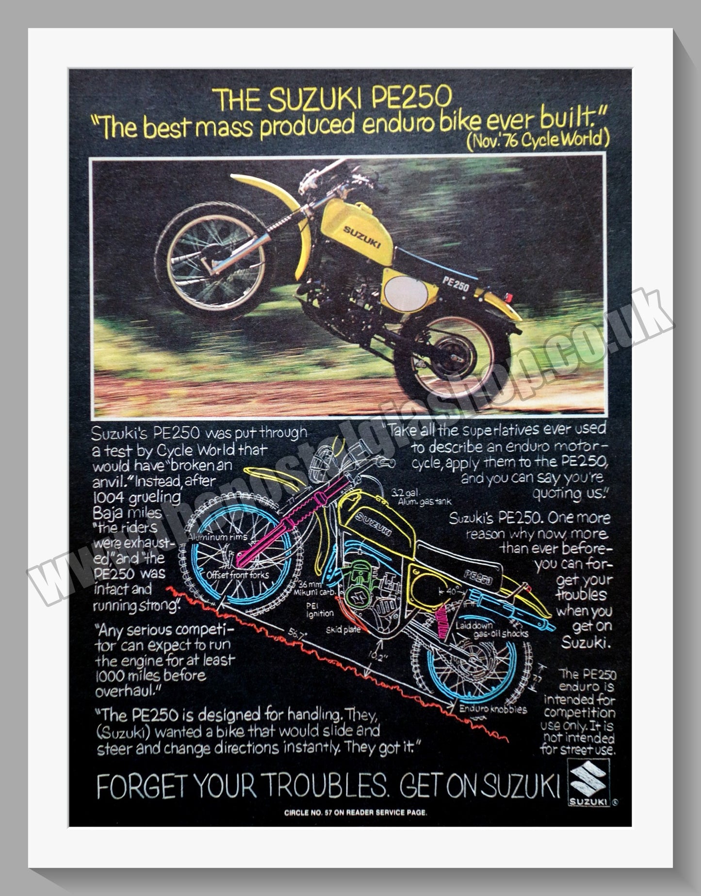 Suzuki Trail Motorcycles, PE250. Original advert 1977 (ref AD58830)