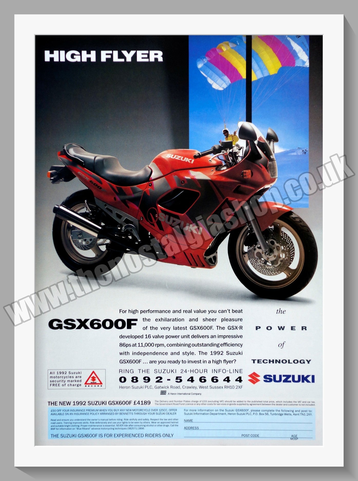 Suzuki GSX600F Motorcycle. Original advert 1992 (ref AD58776)