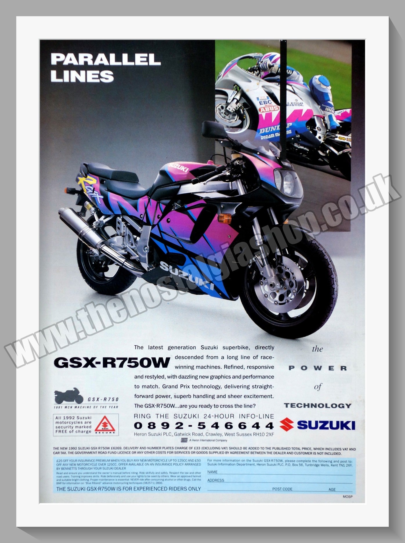 Suzuki GSX R750W Motorcycle. Original advert 1992 (ref AD58779)