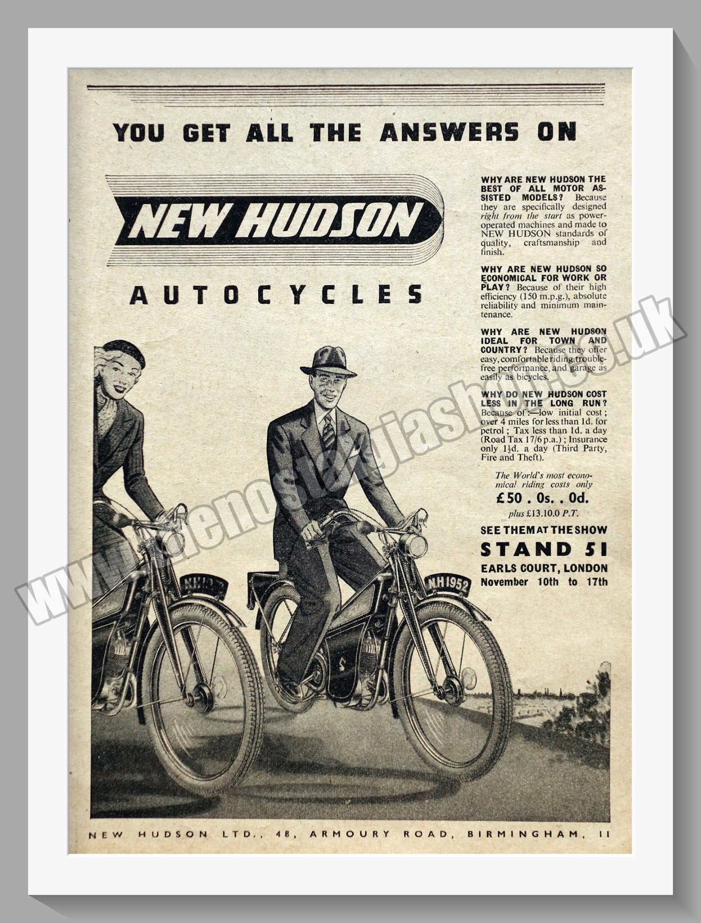Hudson Autocycles Original Advert 1951 (ref AD58833)