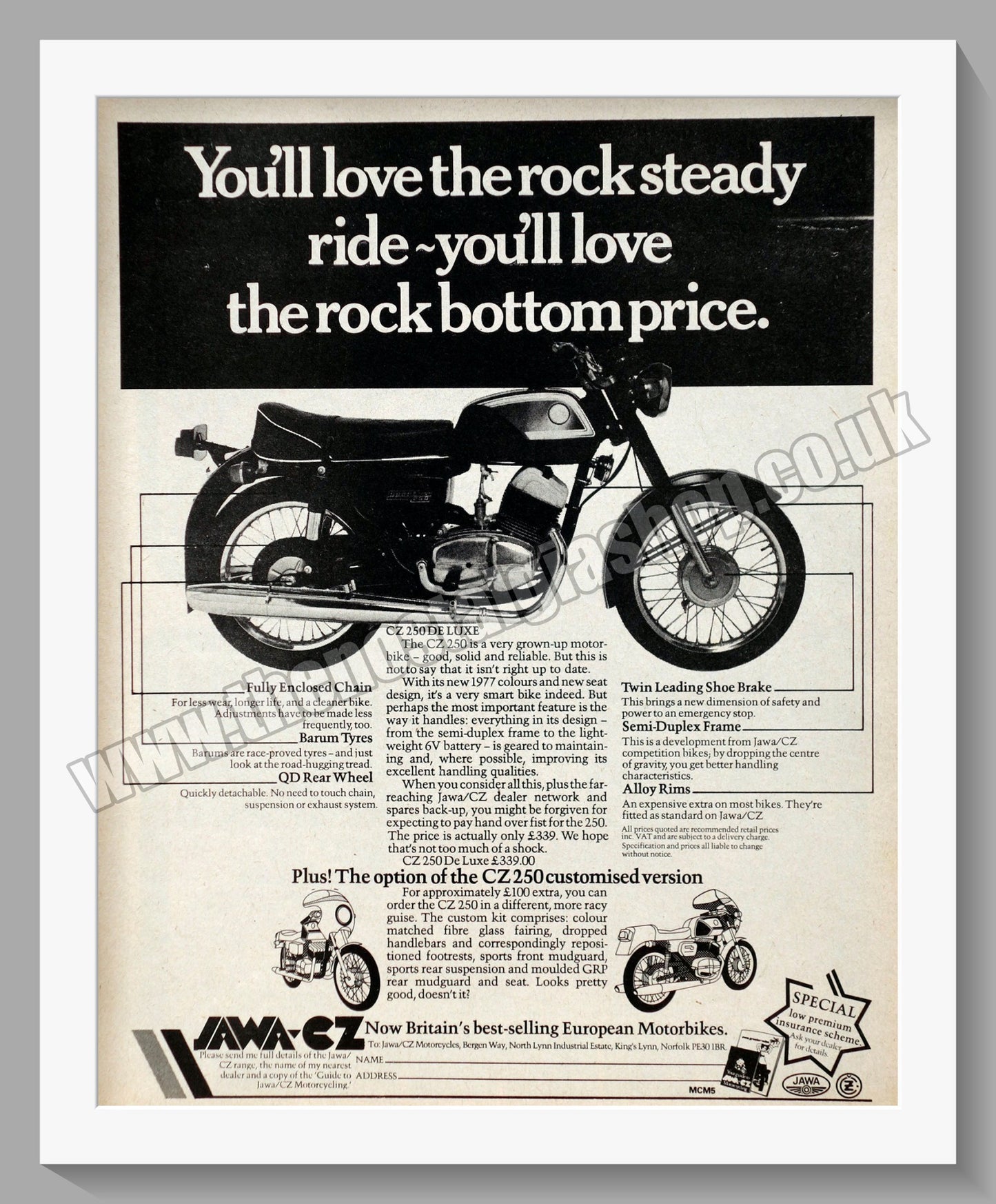 Jawa CZ 350 Motorcycle. 1977 Original advert (ref AD58904)