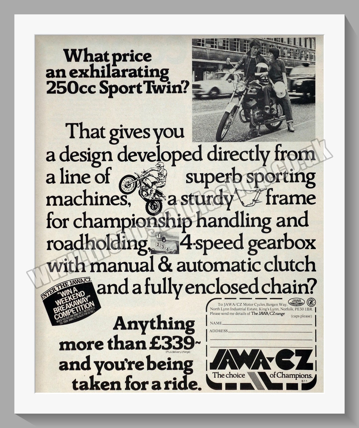 Jawa 250 Sport Twin CZ Motorcycles. 1976 Original advert (ref AD58921)