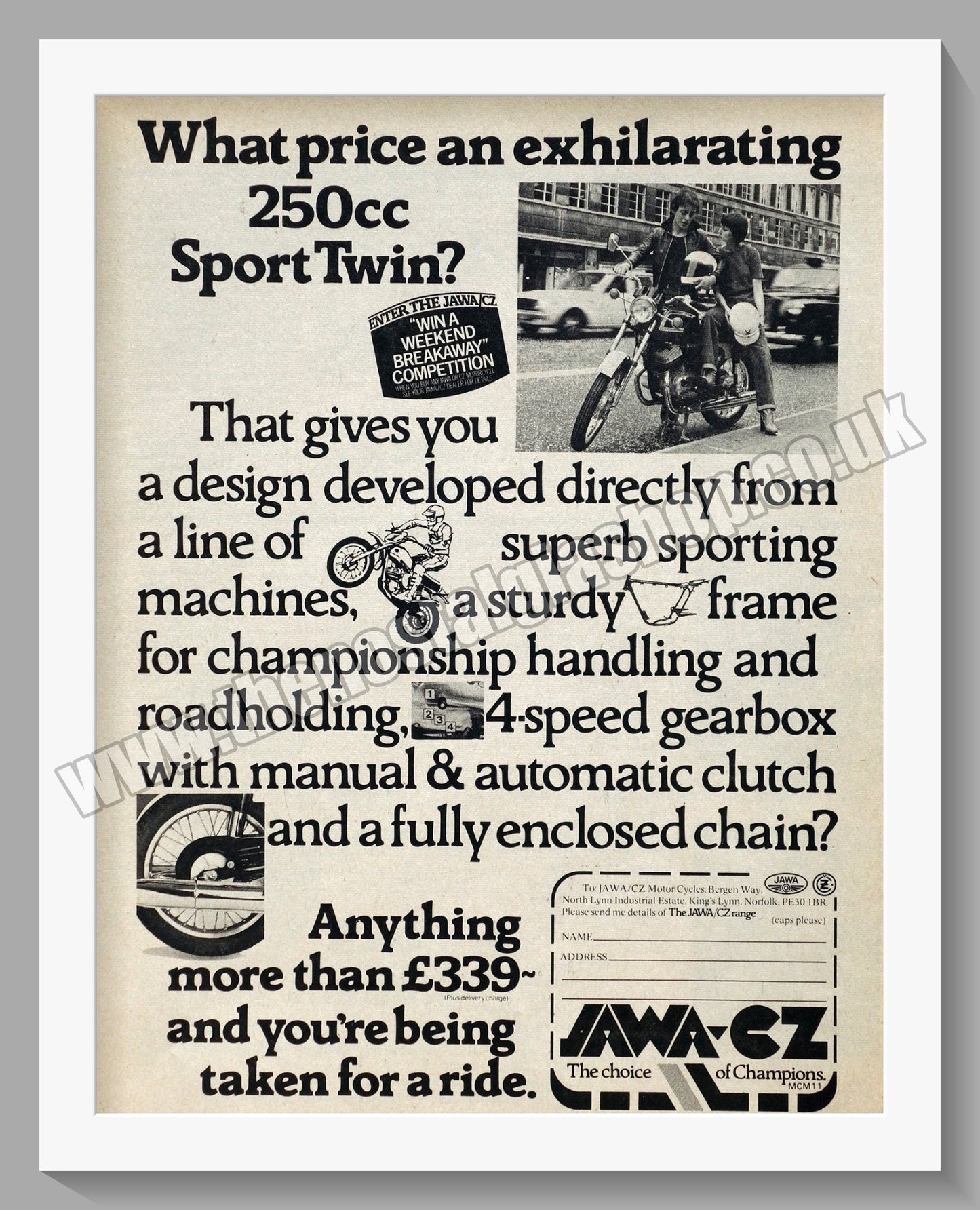 Jawa 250 Sport Twin CZ Motorcycles. 1976 Original advert (ref AD58922)