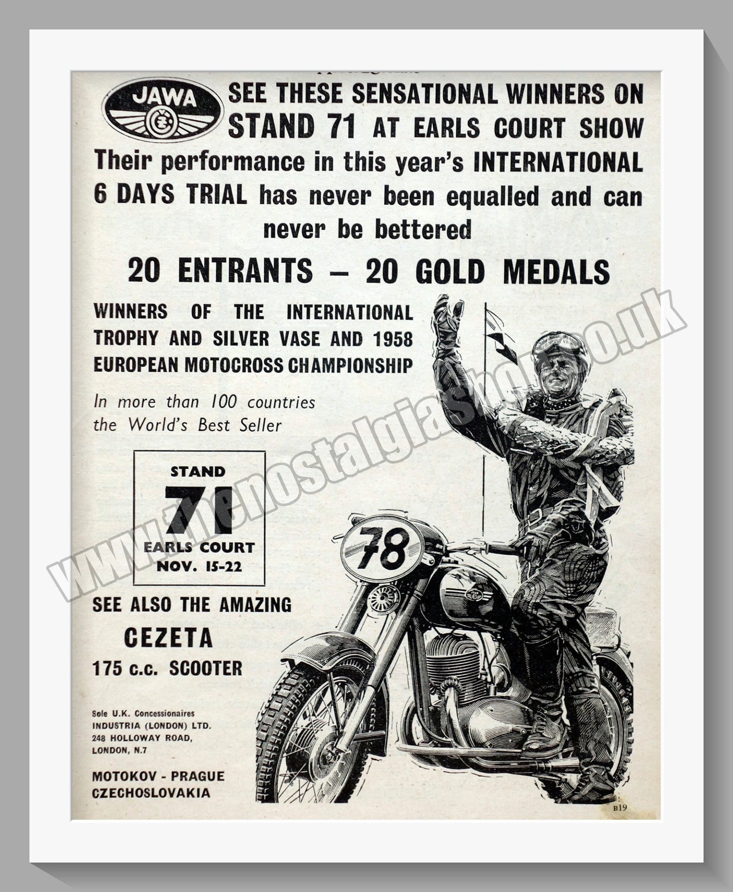 Jawa CZ Motorcycles. Six Day Trials Wins 1958 Original advert (ref AD58936)