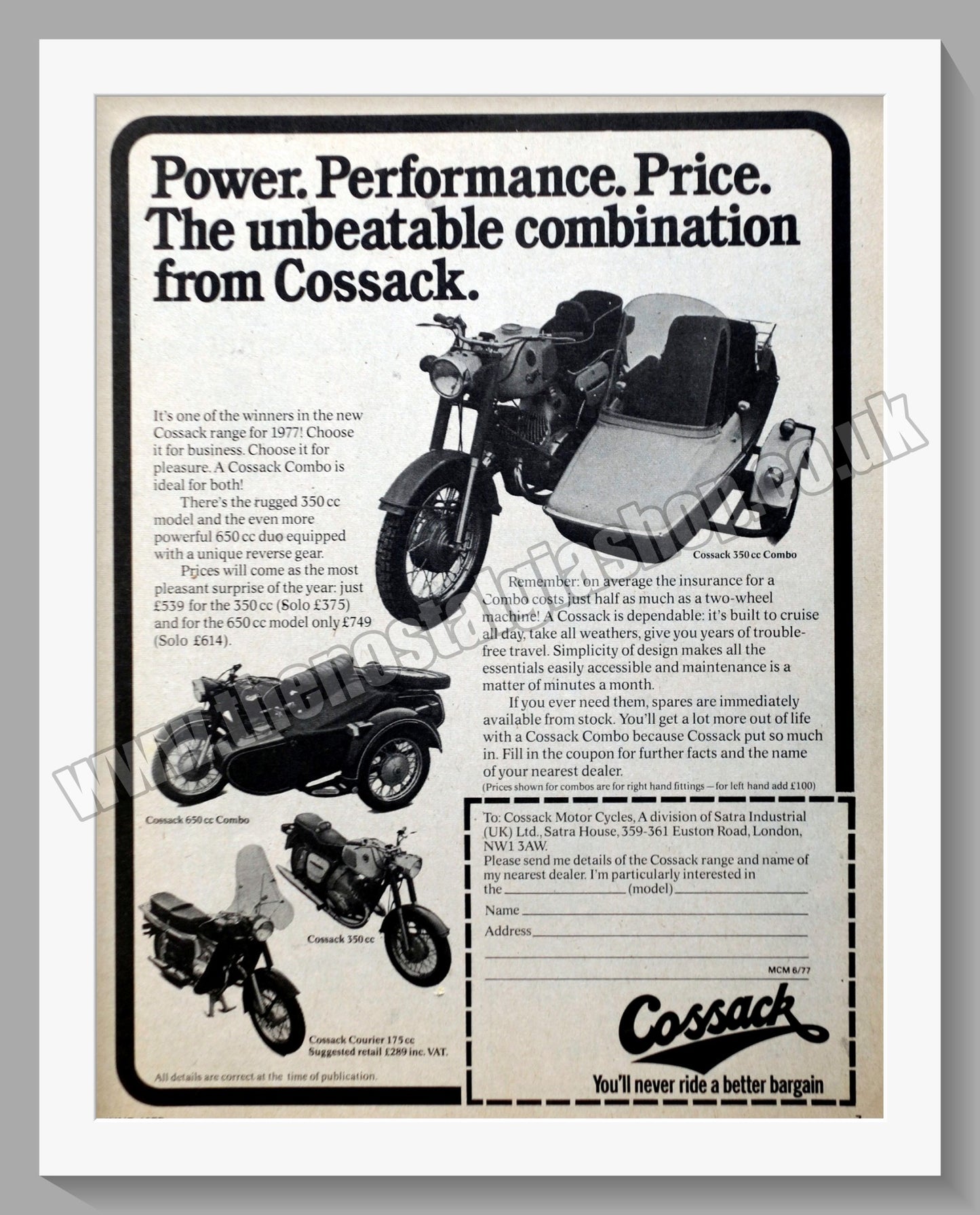 Cossack Motorcycles and Sidecar. Original advert 1977 (ref AD60074)