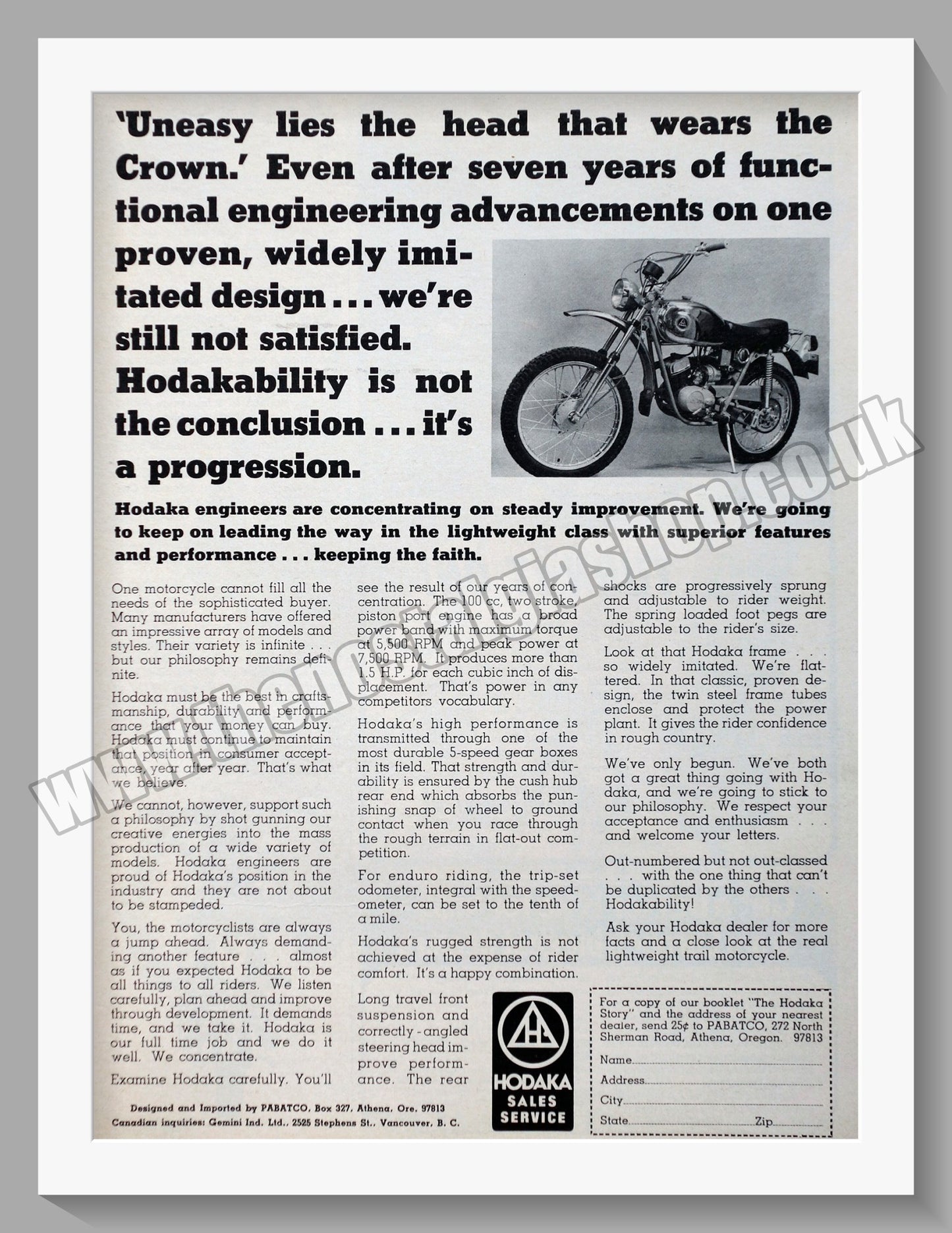 Hodaka Motorcycles. Original advert 1972 (ref AD60078)