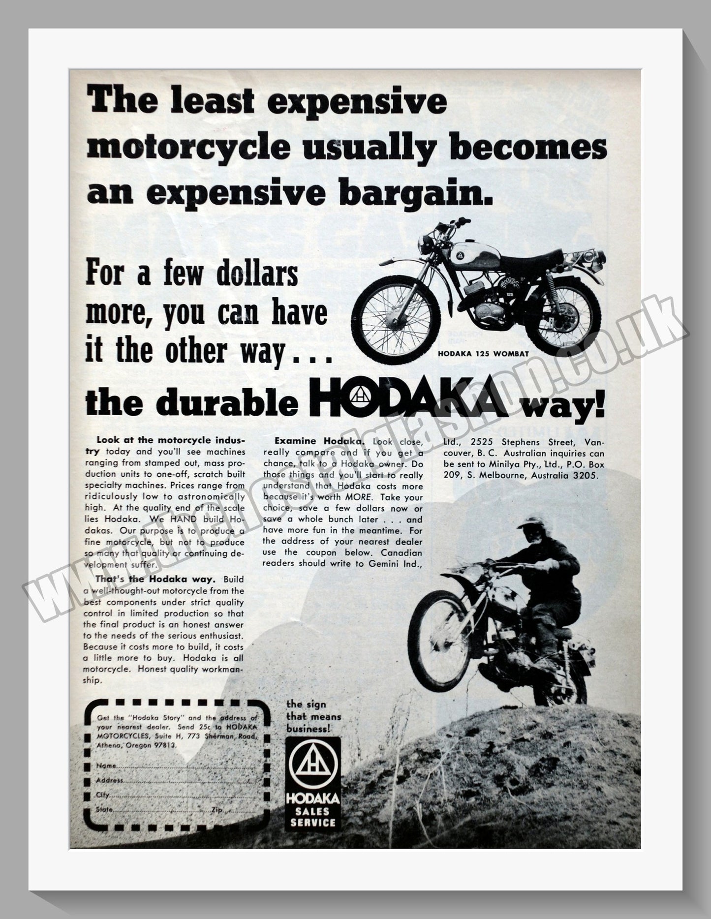 Hodaka 125 Wombat Motorcycles. Original advert 1973 (ref AD60079)
