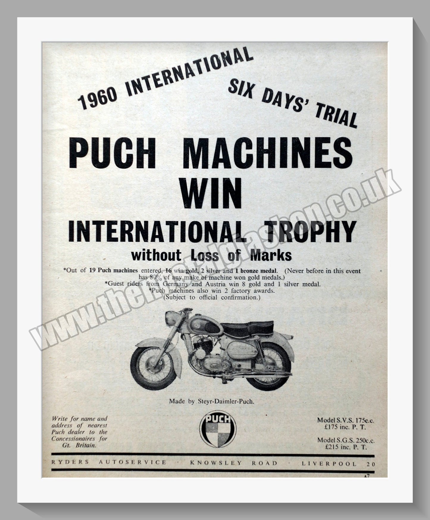 Puch Motorcycles Win International Trophy. Original Advert 1960 (ref AD60116)