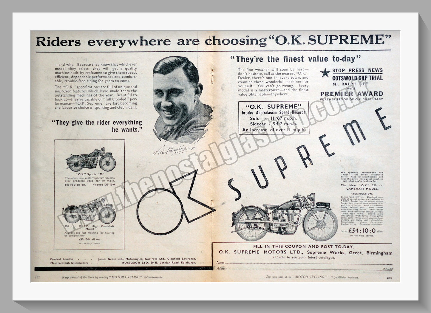 O.K. Supreme Motorcycle. Original Advert 1936 (ref AD60126)