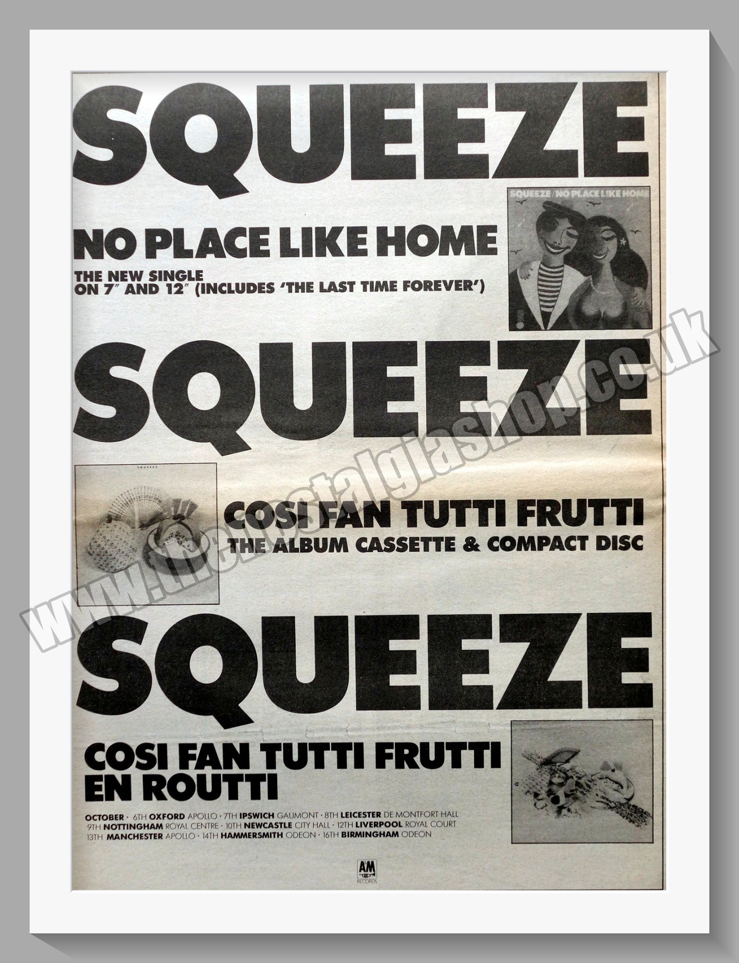Squeeze Cosi Fan Tutti Frutti, No Place Like Home. Original Advert 1985 (ref AD14761)