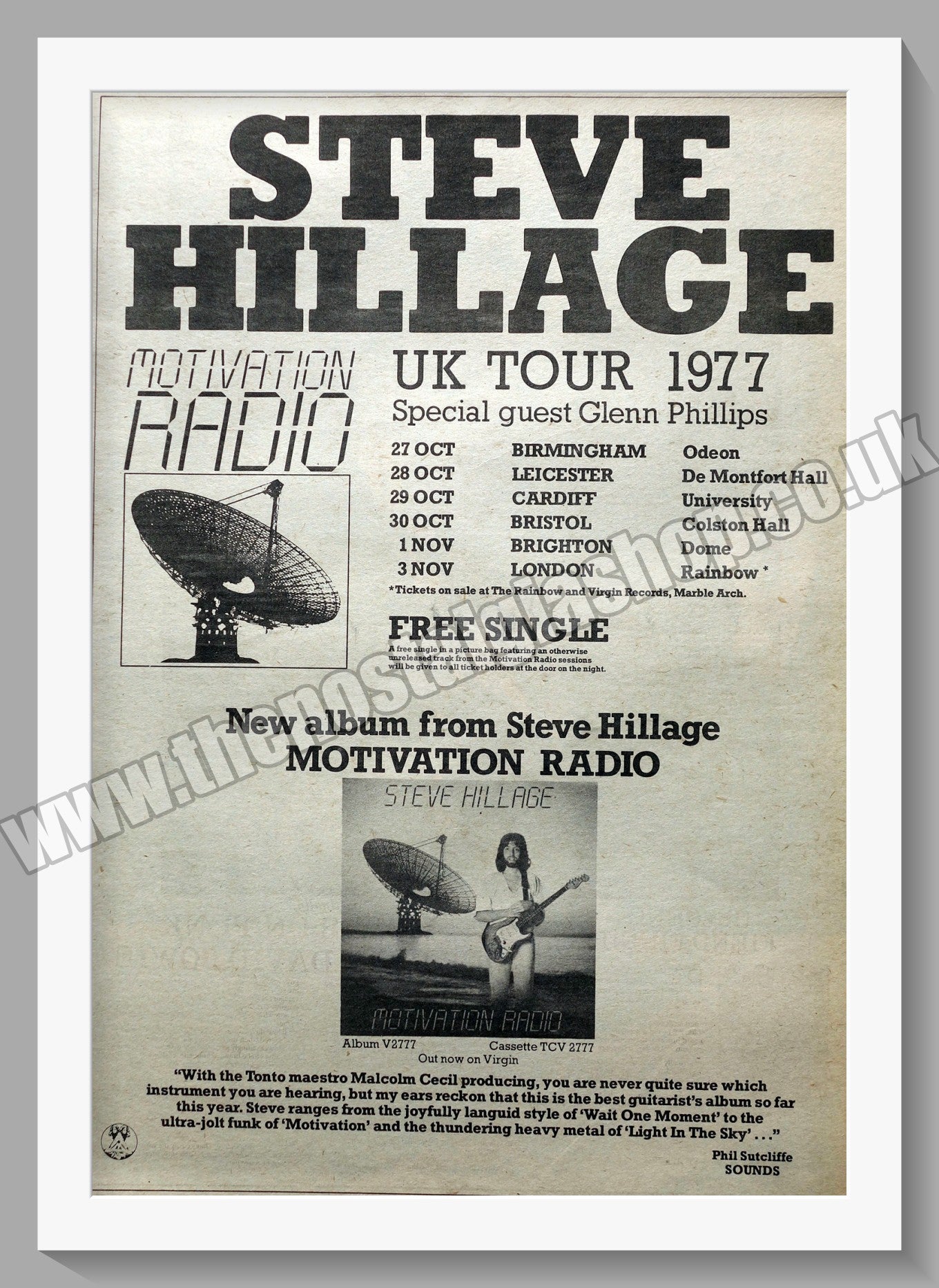 Steve Hillage Motivation Radio UK Tour. Original Advert 1977 (ref AD14802)