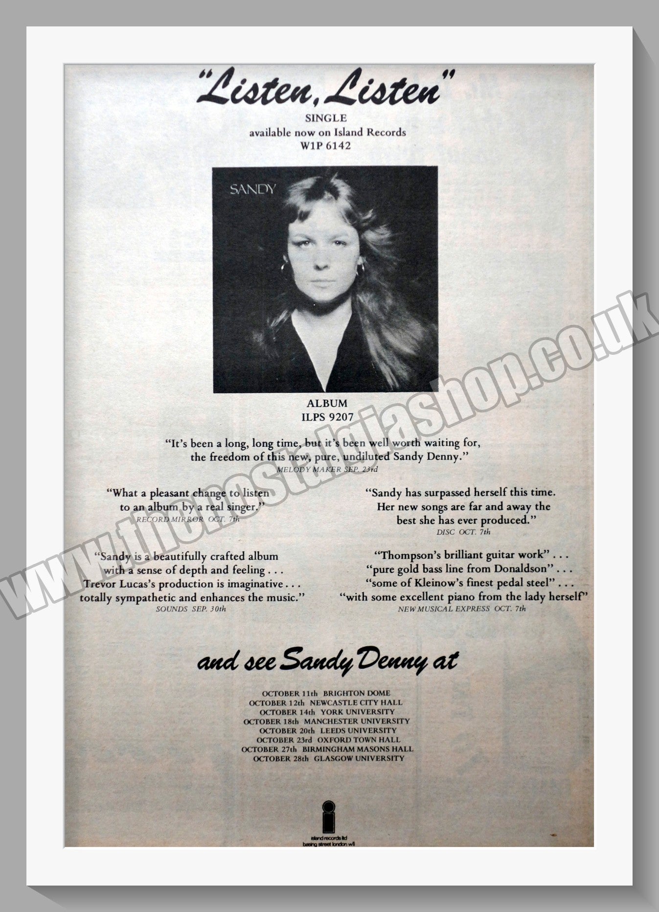 Sandy Denny Listen Listen. Original Advert 1972 (ref AD14919)