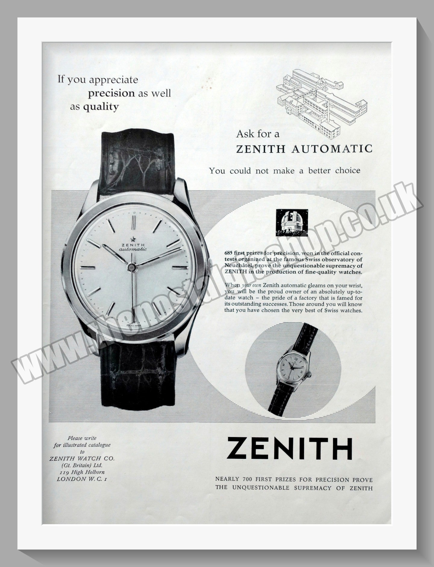 Zenith Automatic Watch. Original Advert 1957 (ref AD300692)