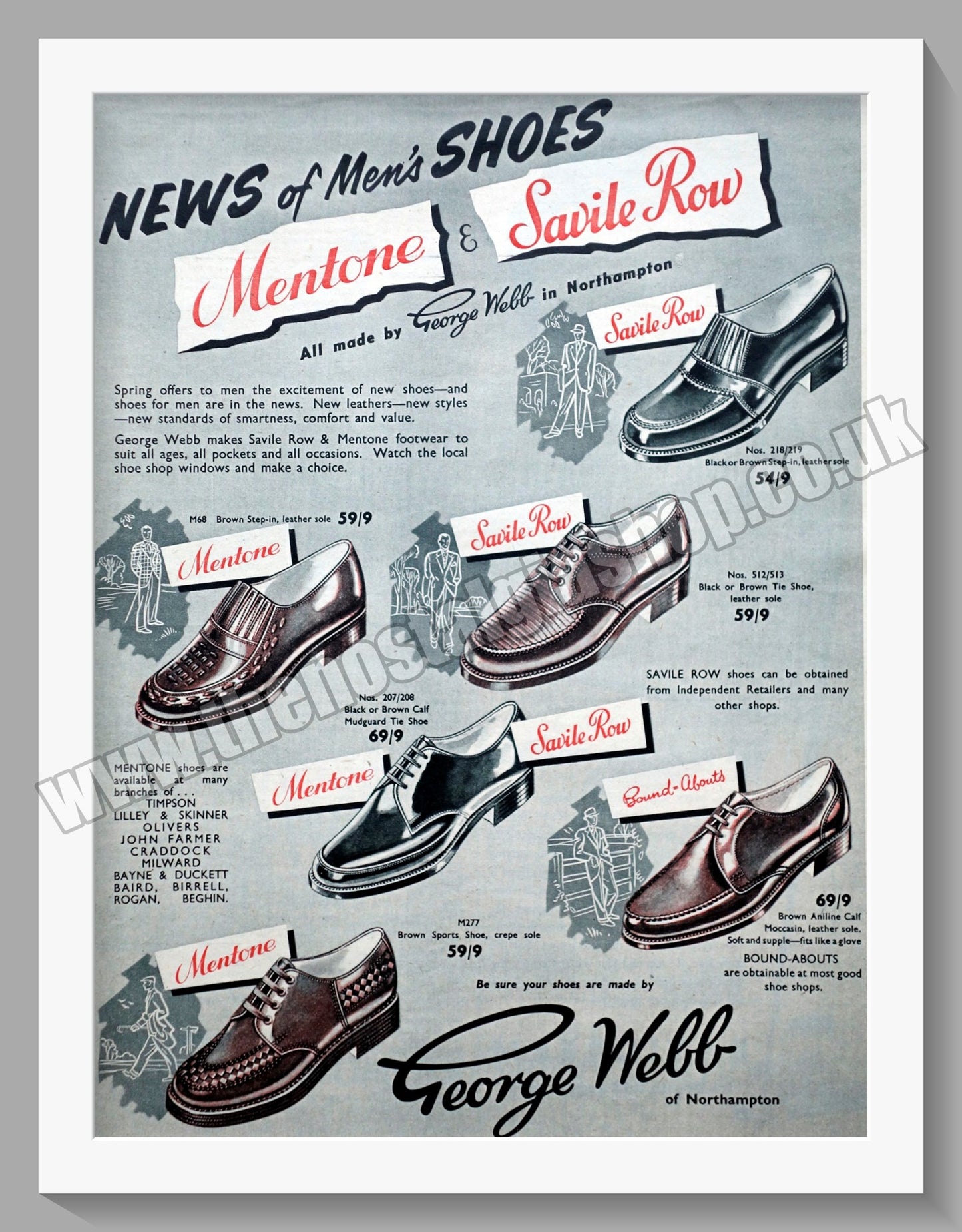 Mentone & Savile Row Shoes at George Webb. Original Vintage Advert 1955 (ref AD300712)