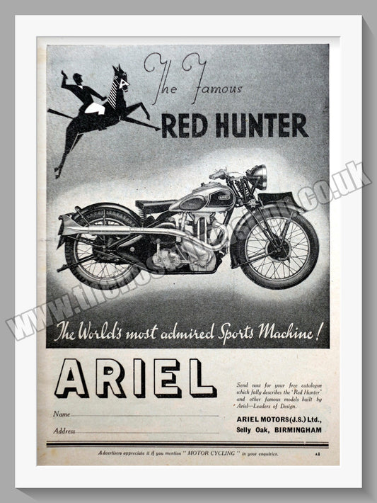 Ariel Red Hunter Motorcycles. Original Advert 1937 (ref AD60519)
