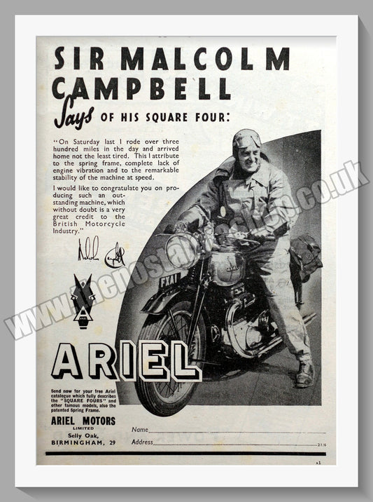 Ariel Motorcycles with Sir Malcolm Campbell. Original Advert 1939 (ref AD60524)