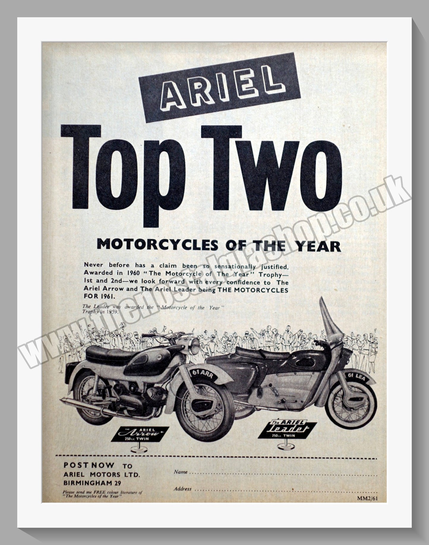 Ariel Arrow and Leader Motorcycles. Original Advert 1961 (ref AD60574)