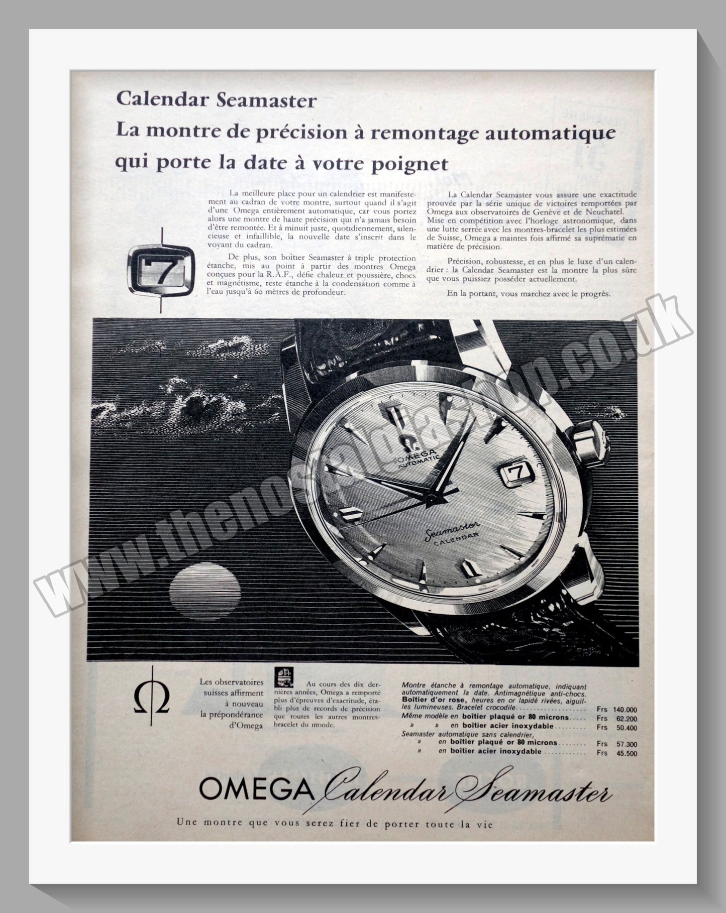 Omega Seamaster Calendar Watch. Original French Advert 1959 (ref AD300766)
