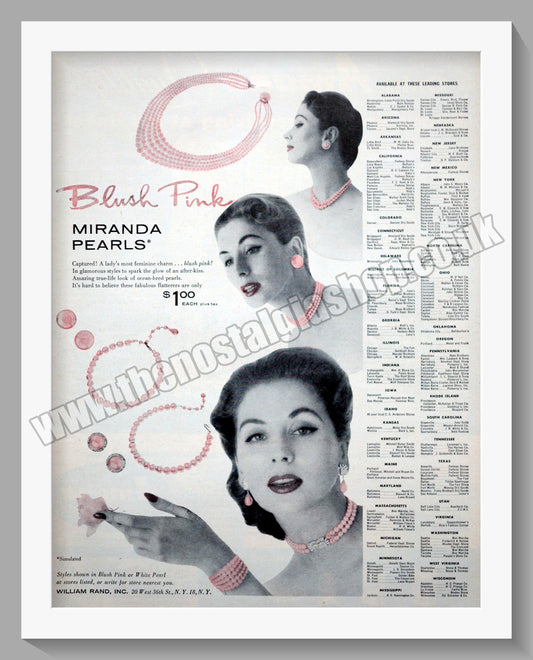 William Rand Blush Pink Miranda Pearls. Original Advert 1956 (ref AD300895)