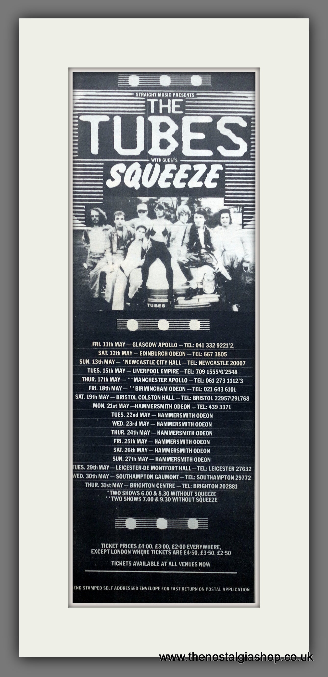 The Tubes and Squeeze. UK Tour. Vintage Original Advert 1979 (ref AD200368)