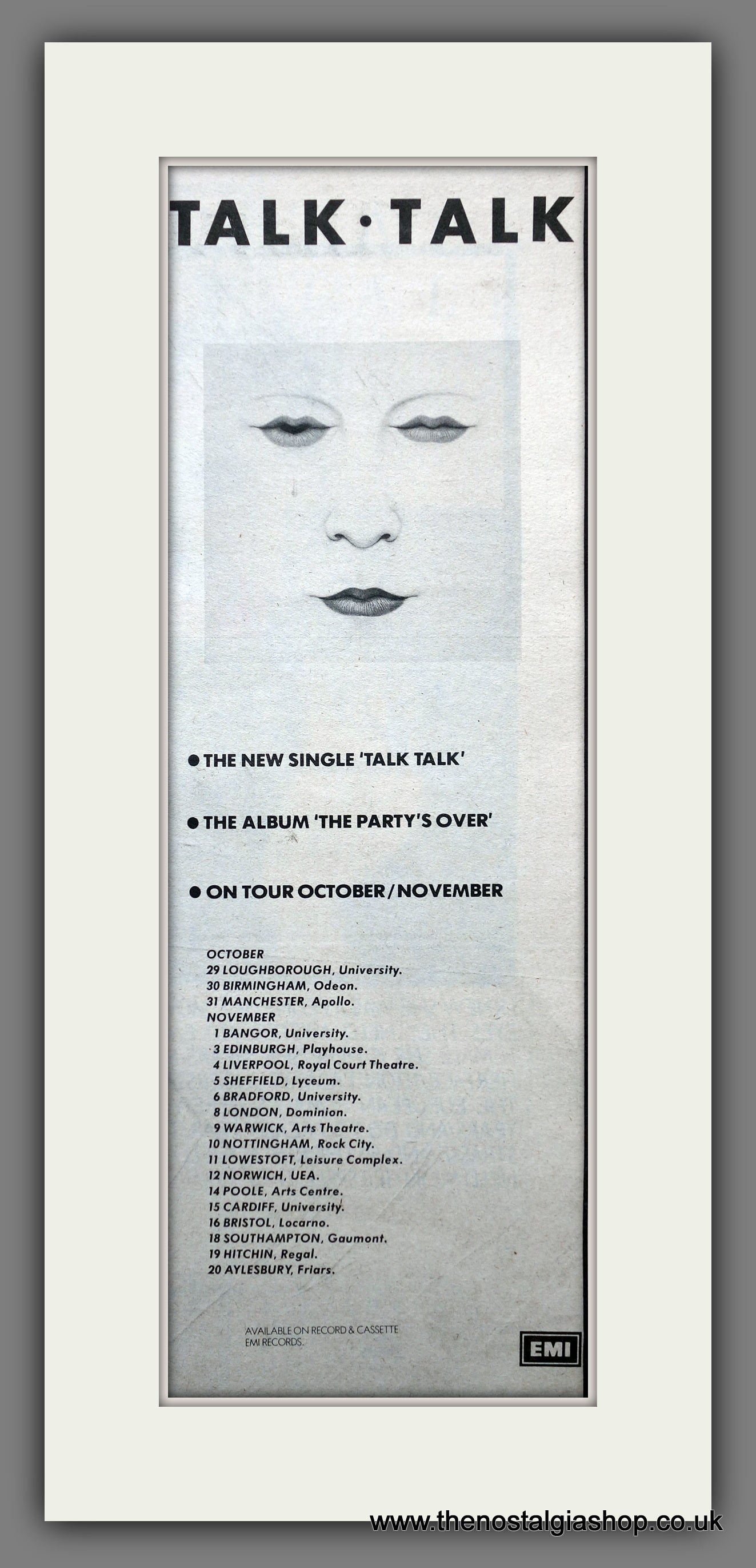 Talk Talk. The Party's Over. UK Tour. Vintage Original Advert 1982 (ref AD200375)