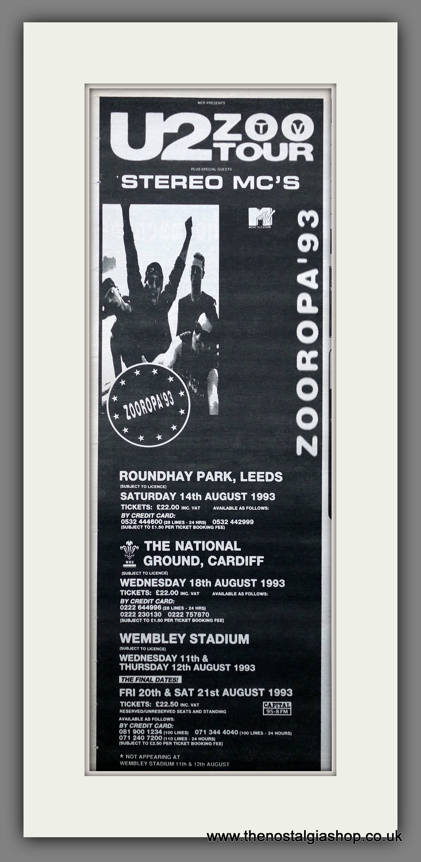 U2 Zoo Tour with Stereo MC's. Vintage Original Advert 1993 (ref AD200404)
