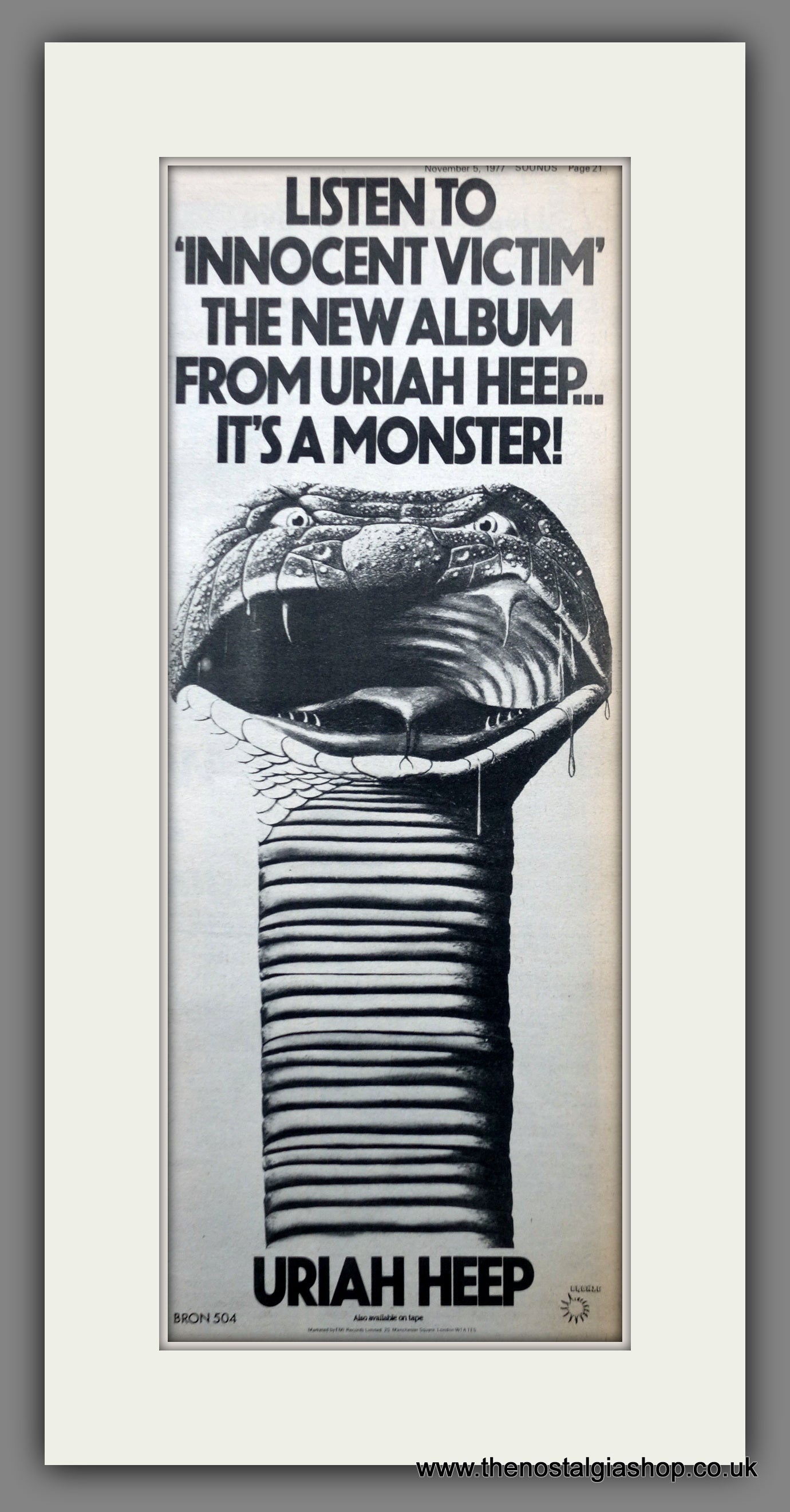 Uriah Heep Innocent Victim. Vintage Original Advert 1977 (ref AD200407)