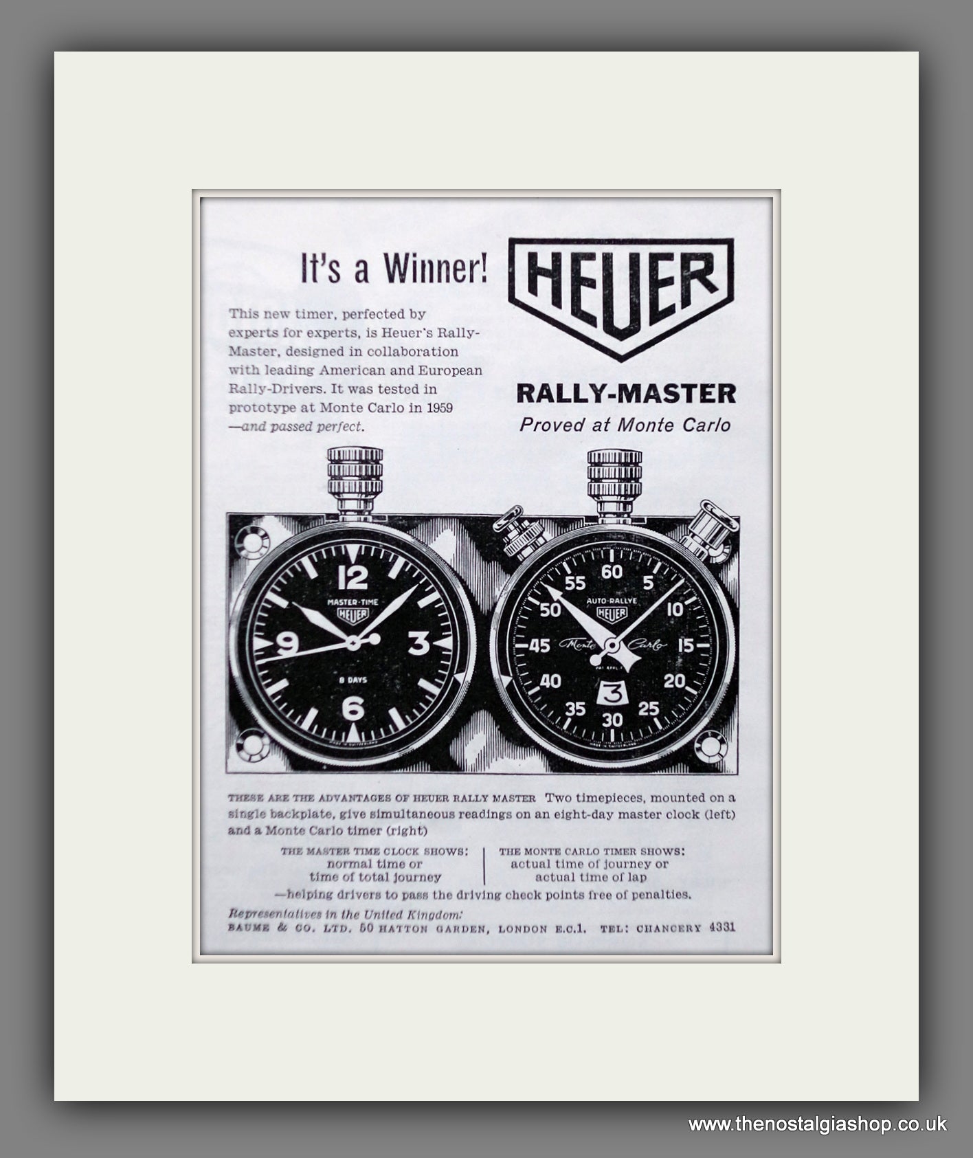 Heuer Timers, Stop Watches. Rally Master. Original Advert 1961 (ref AD60863)