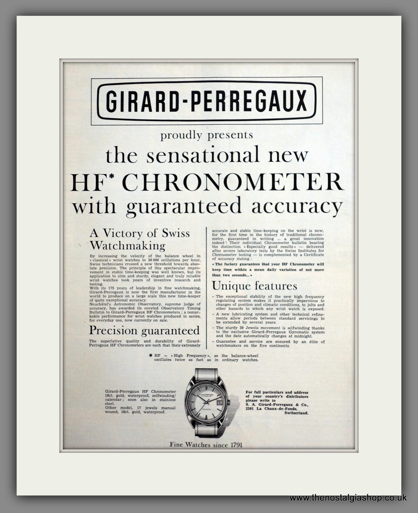 Girard-Perregaux Watches. Original Advert 1966 (ref AD301179)