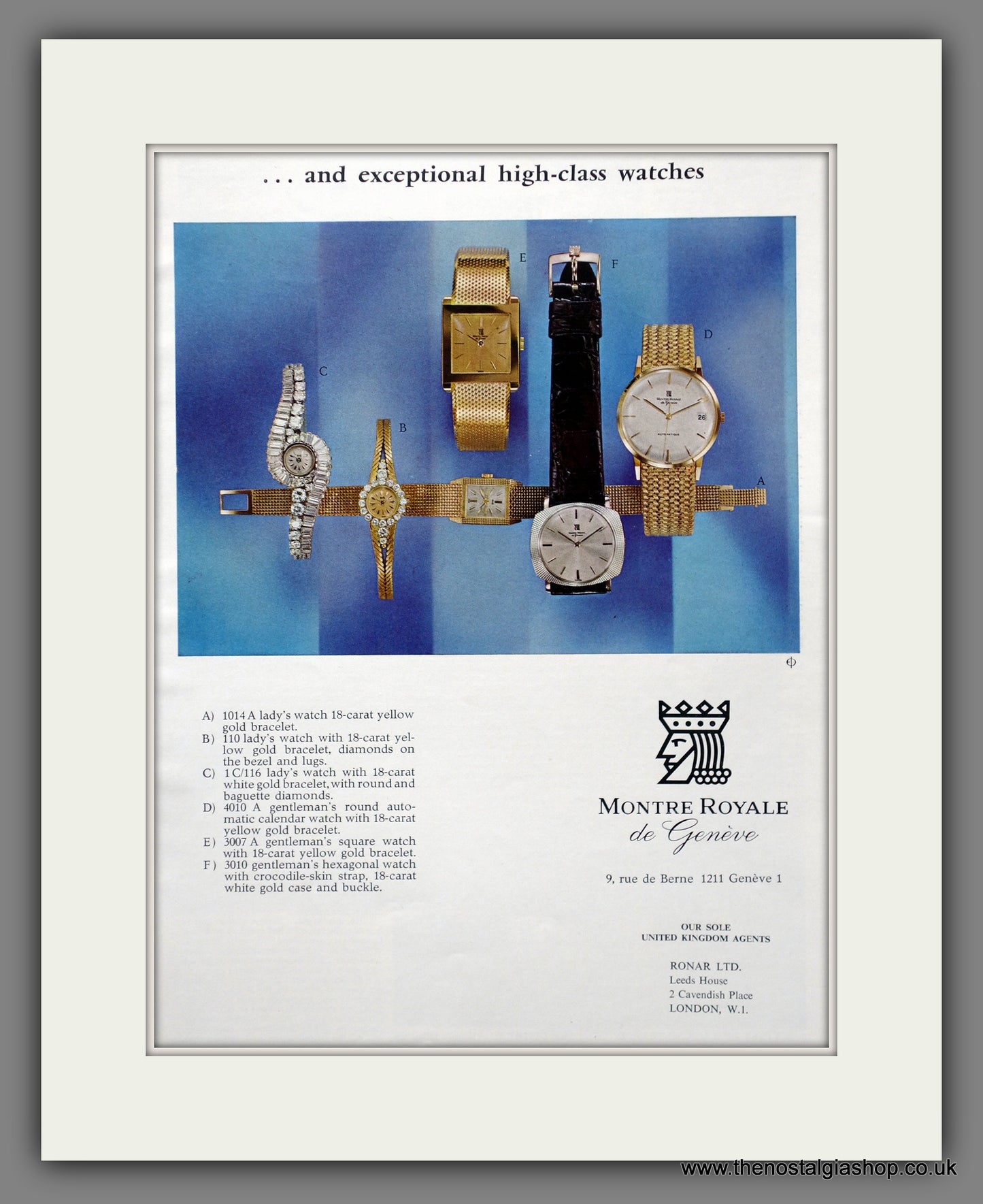 Montre Royale De Geneve Watches. Original Advert 1966 (ref AD301274)