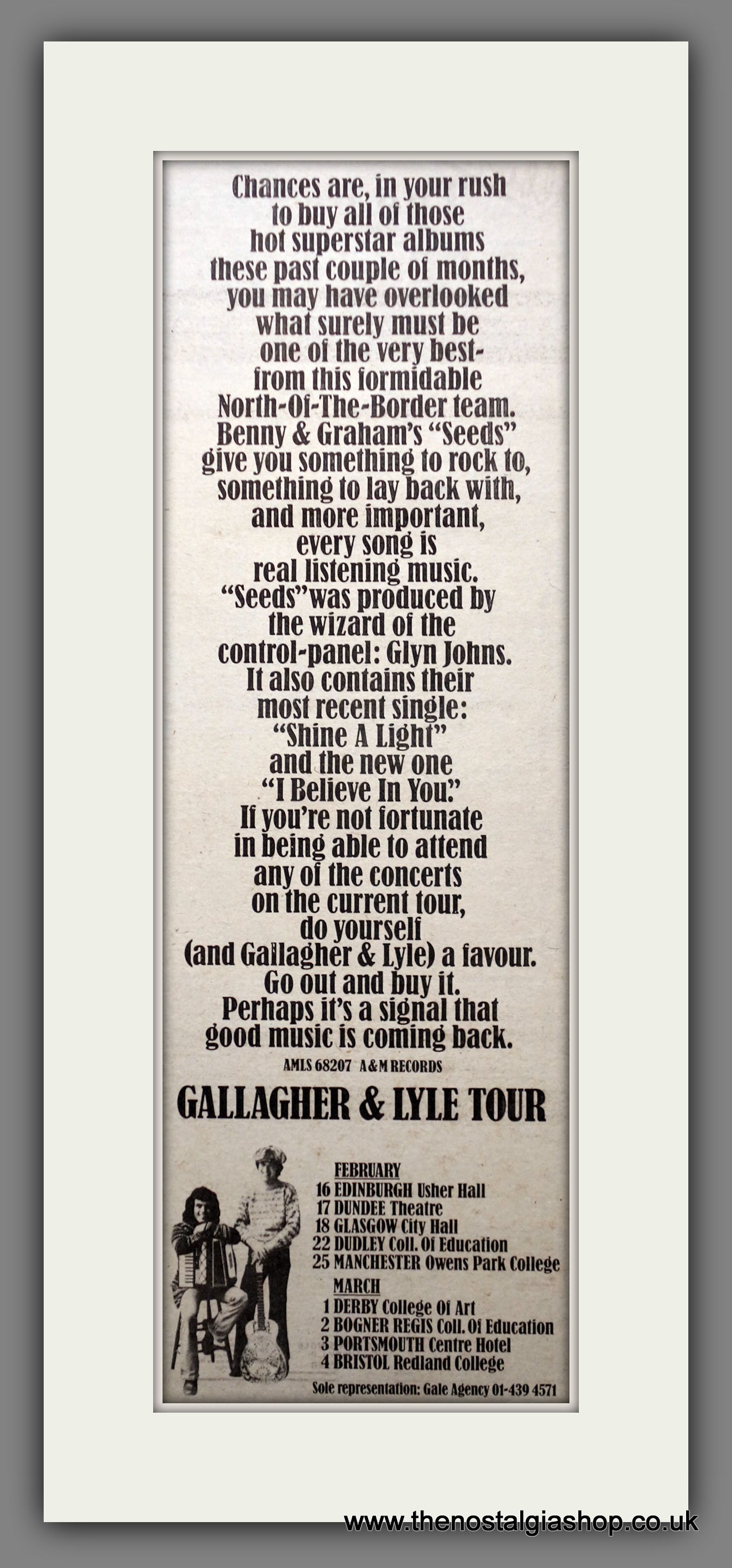 Gallagher & Lyle Tour. Original Advert 1974 (ref AD200548)