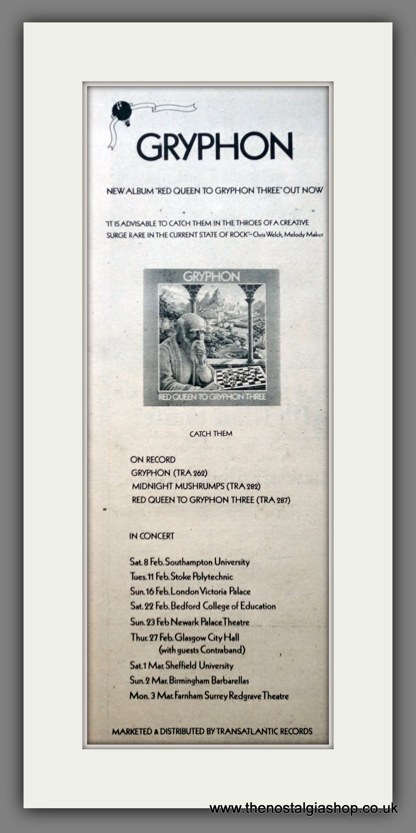 Gryphon Red Queen To Gryphon Three. Original Advert 1975 (ref AD200550)