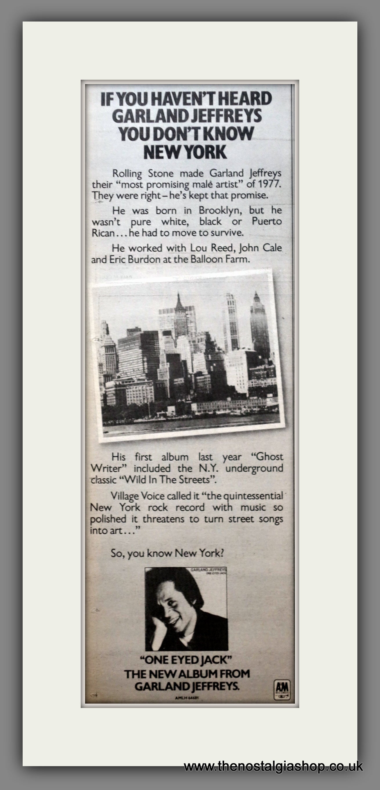 Garland Jeffreys One Eyed Jack. Original Advert 1978 (ref AD200572)