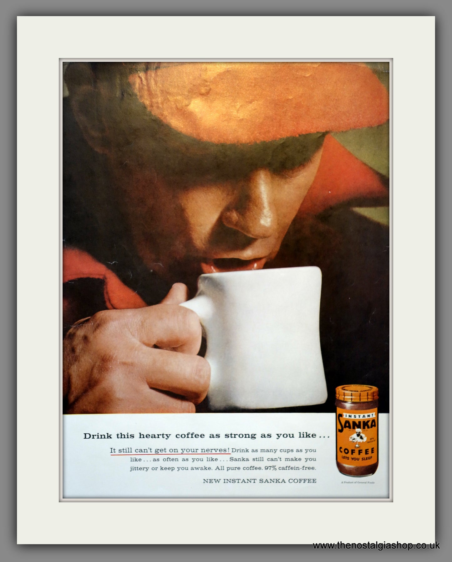 Sanka Instant Coffee. Original American Advert 1957 (ref AD301017)