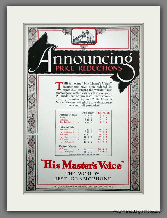 His Master's Voice Gramophone Prices. Original Advert 1929 (ref AD301096)